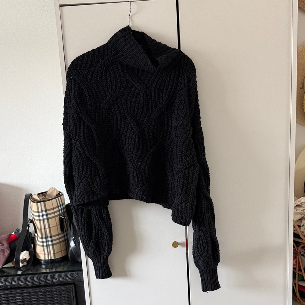 FREE PEOPLE /  Black Cable Knit Mock Neck Sweater Cropped
